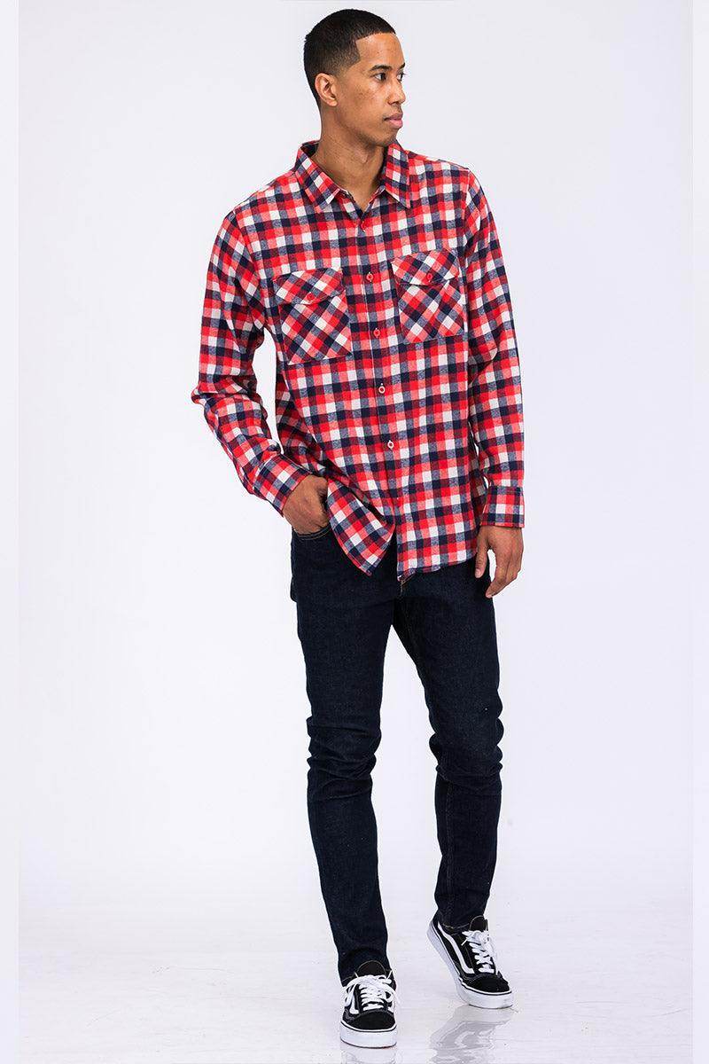 Red Blue Plaid Flannel Shirt Button Down Long Sleeve - VacationGrabs