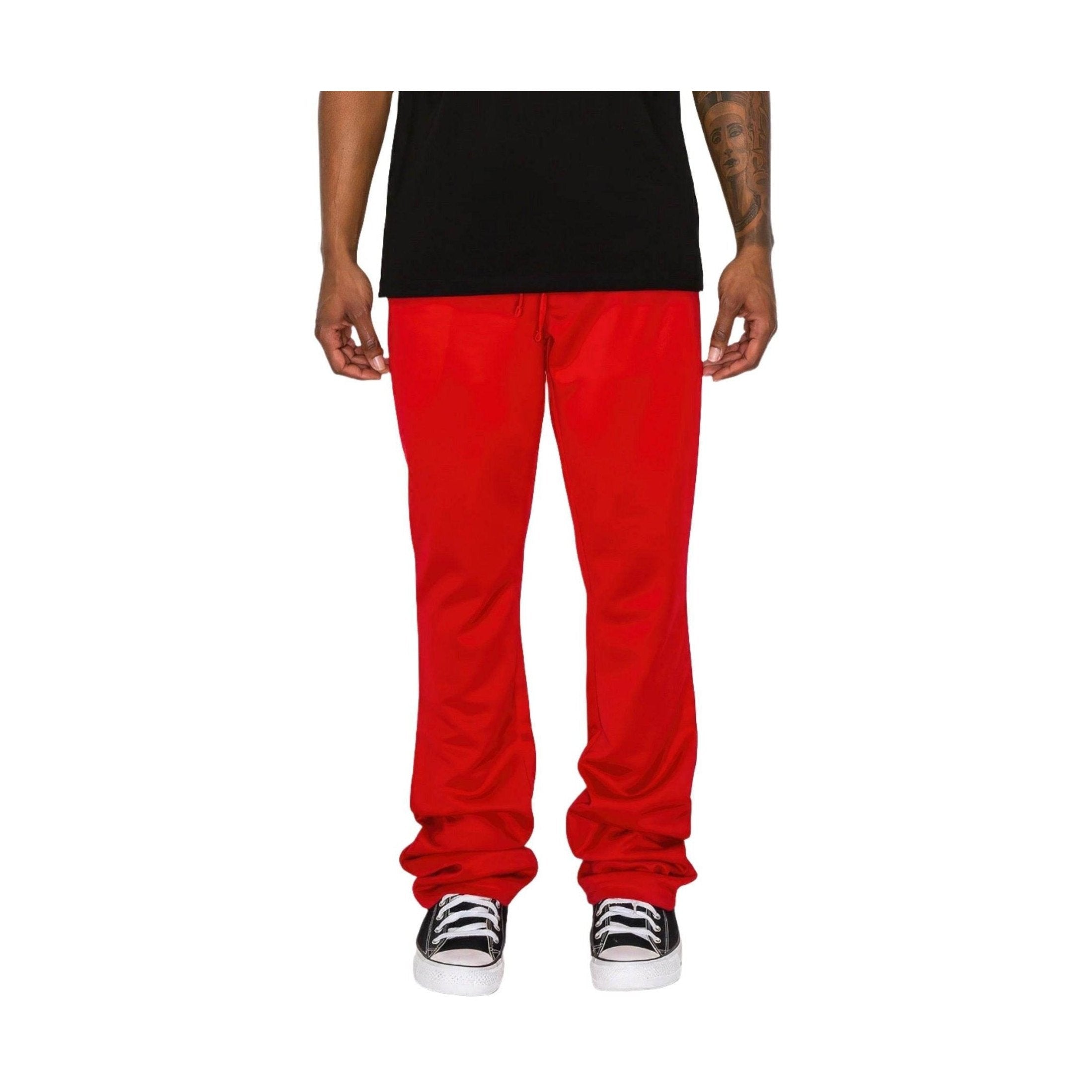 Men's red flare track pants by VacationGrabs, featuring a relaxed fit and drawstring waist