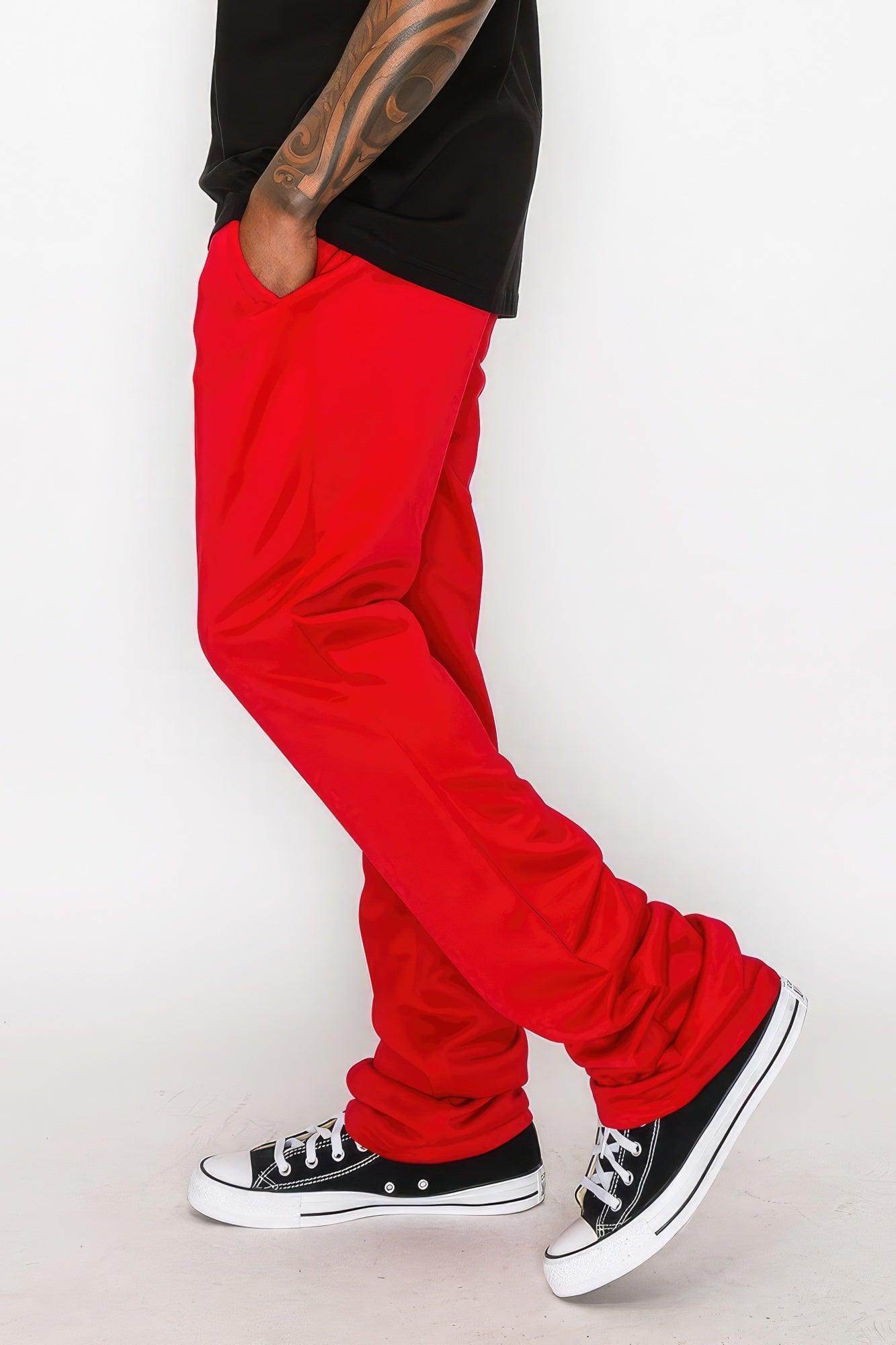 Men's red flare track pants by VacationGrabs, perfect for casual wear and athletic activities.