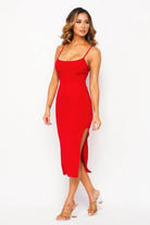 Stylish red side slit summer dress for women, perfect for warm weather outings or vacations
