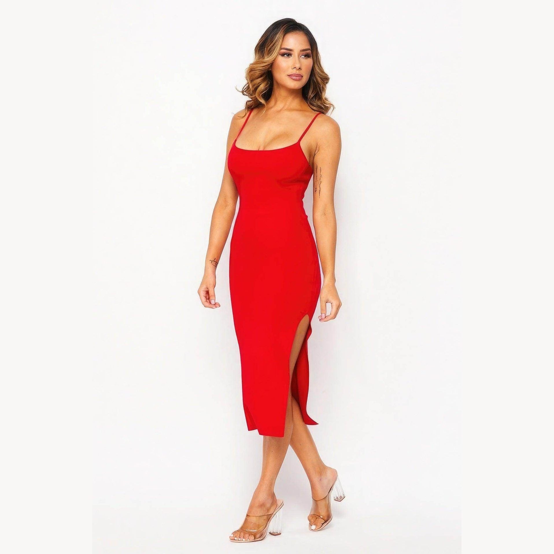 Stylish red side slit summer dress for women, perfect for warm weather outings or vacations