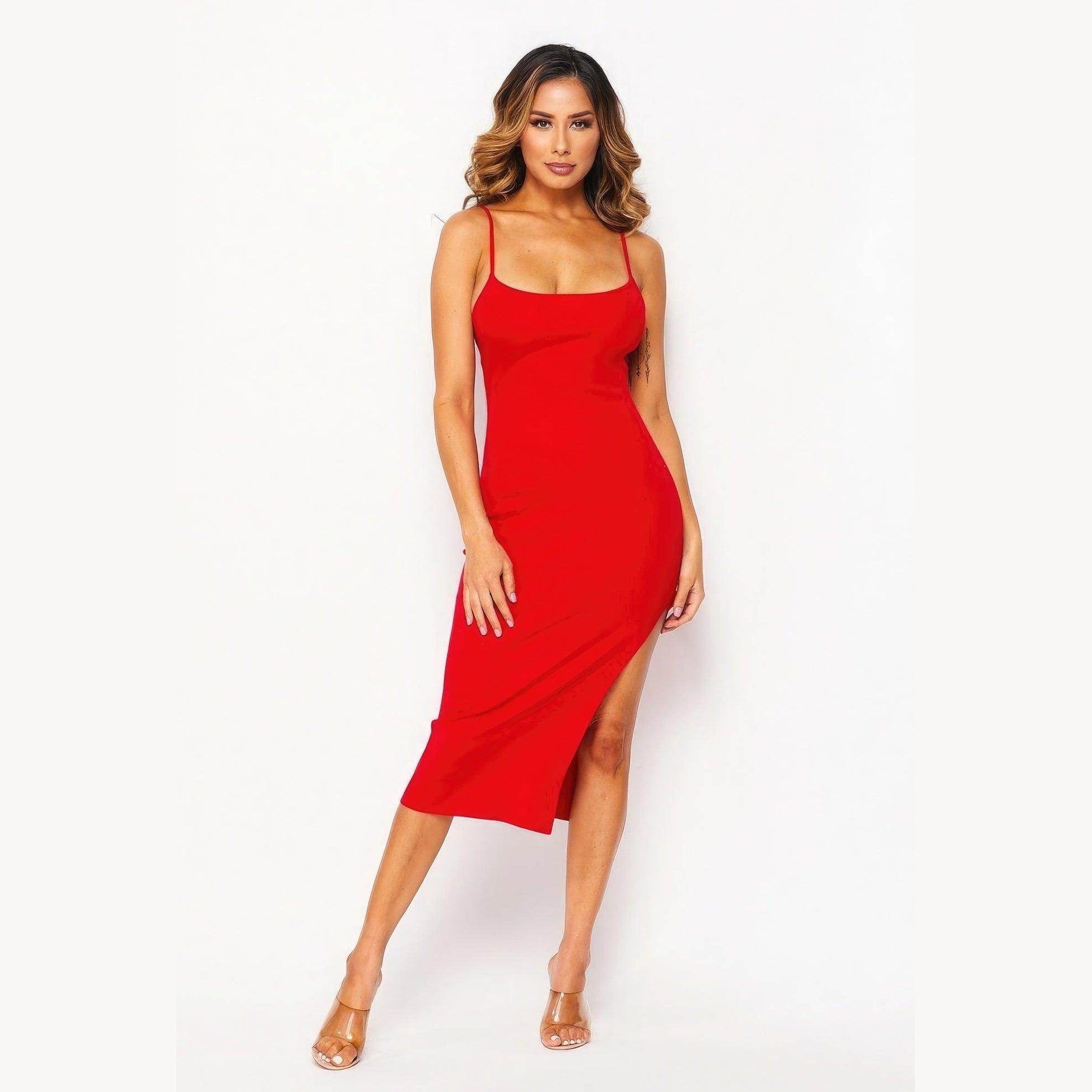 Stylish red side slit summer dress for a chic and comfortable look on warm days