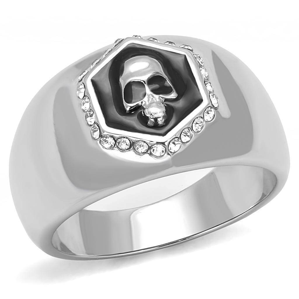 Silver rhinestone skull ring for men featuring a striking skull design and polished finish