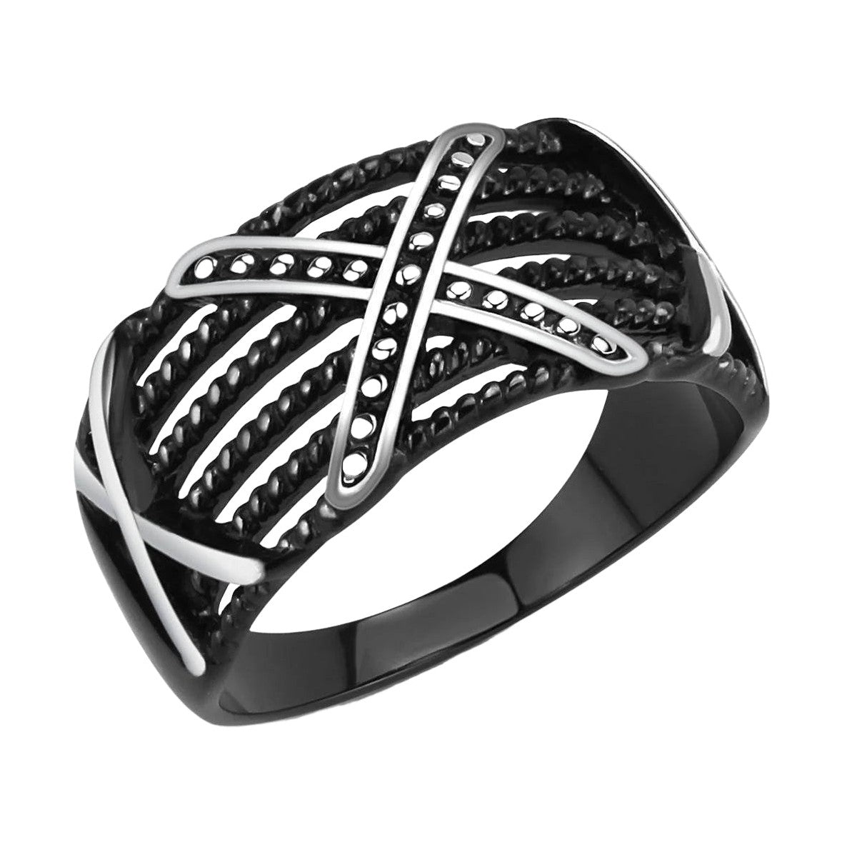 Stylish black rhinestone style rings for men with intricate woven design and polished accents