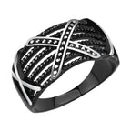 Stylish black rhinestone style rings for men with intricate woven design and polished accents