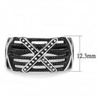 Black rhinestone style rings for men featuring a unique crossed design and dimensions of 12.3mm