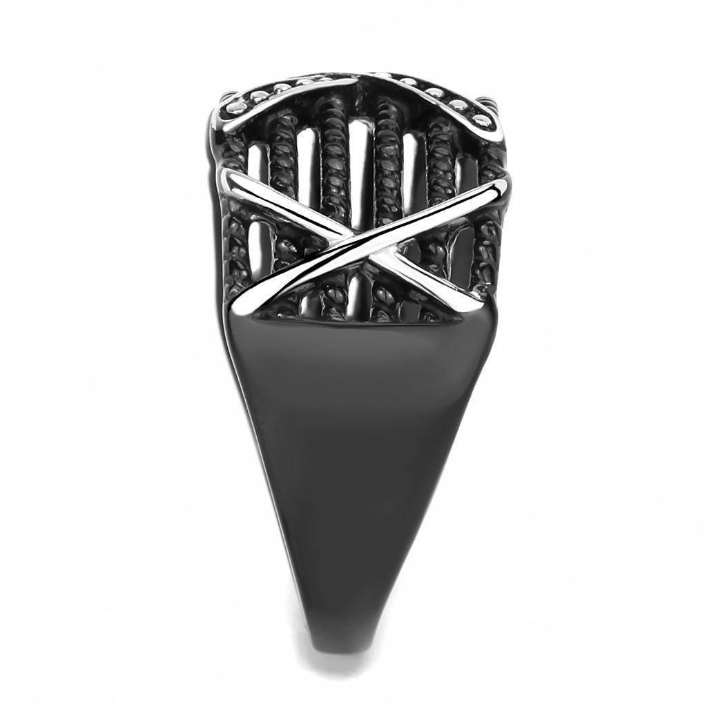 Men's rhinestone style rings for men in sleek black design with cross pattern detail