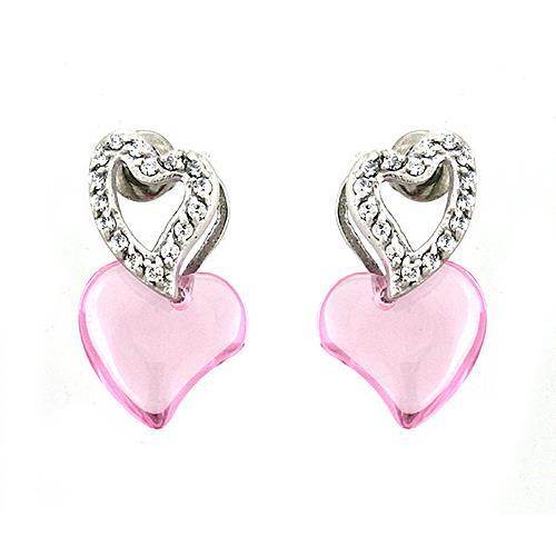 Rhodium 925 sterling silver earrings with pink heart design and sparkling accents