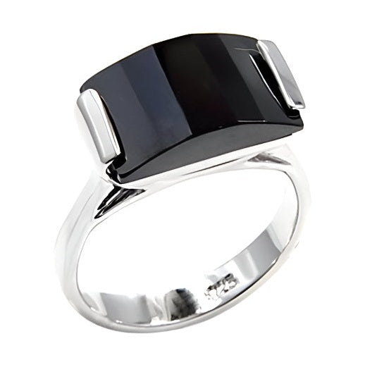 Stylish rhodium 925 sterling silver ring featuring a bold black stone centerpiece