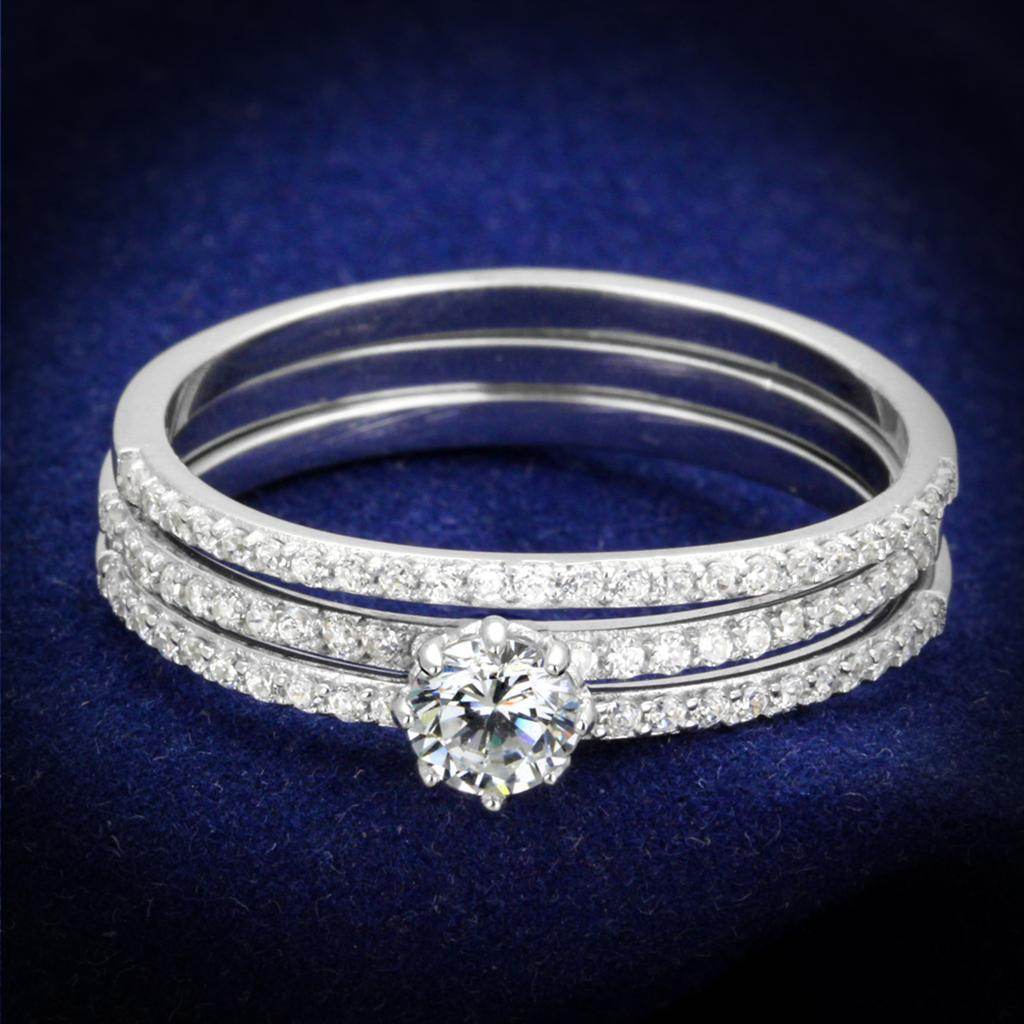 Stunning rhodium 925 sterling silver ring with a sparkling center stone and double band design