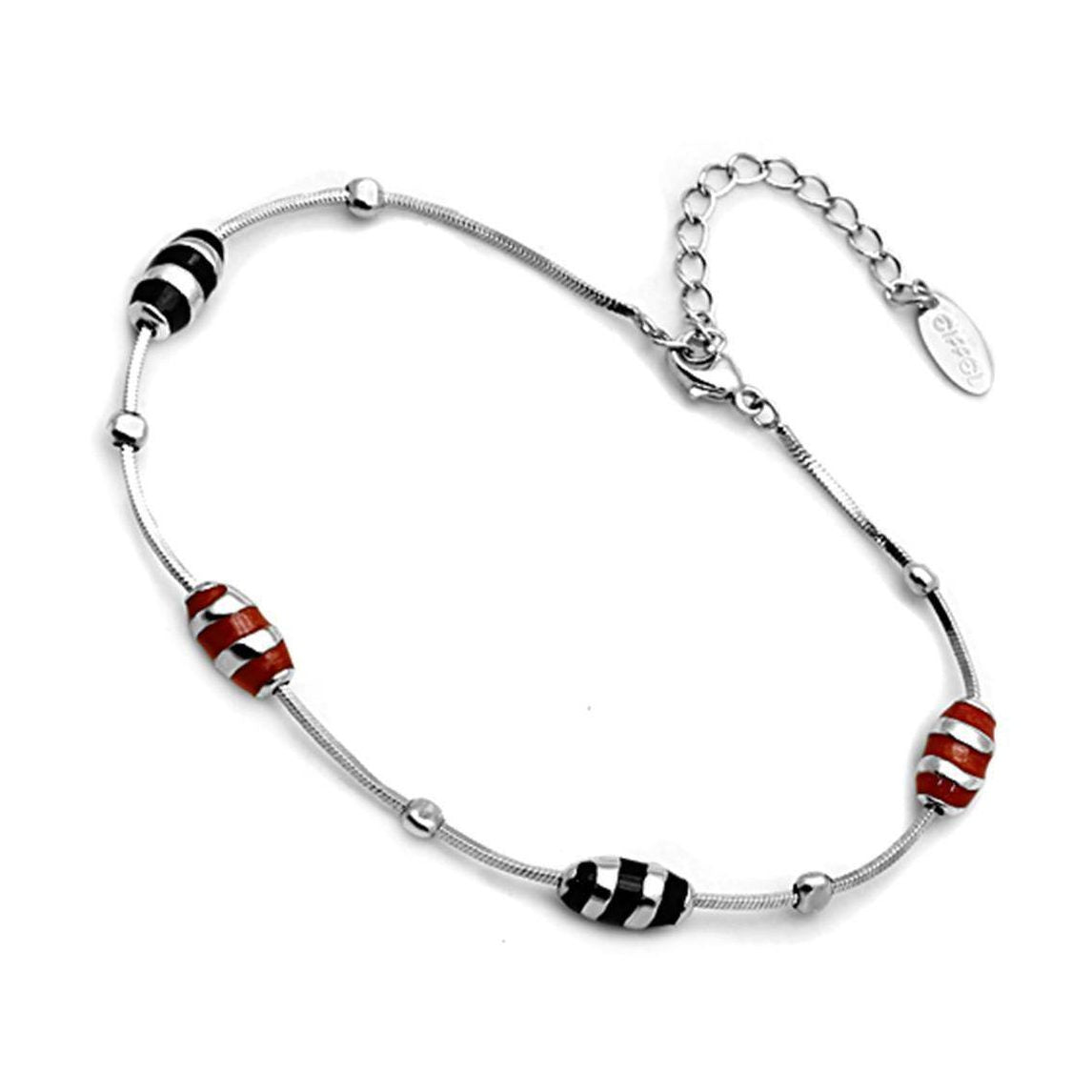 Rhodium 925 sterling silver women's bracelet with striped red and black beads for a chic look