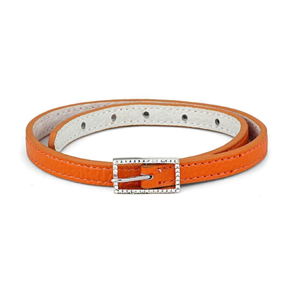 Rhodium brass crystal bracelet with an orange leather strap and a stylish buckle closure