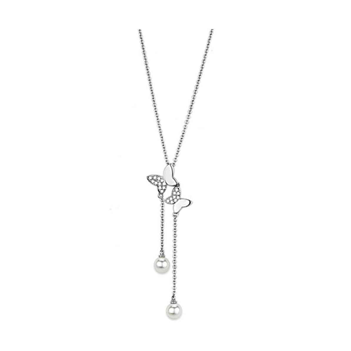 Rhodium brass necklace for women featuring butterfly design with pearl accents