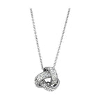 Rhodium brass necklace for women featuring a sparkling knot pendant on a delicate chain