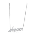 Rhodium brass script necklace for women spelling 'dream' with shimmering accents