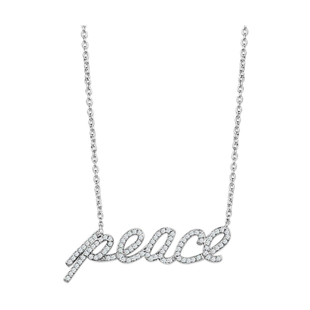 Rhodium brass statement necklace featuring a sparkling 'peace' word design for stylish women