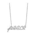 Rhodium brass statement necklace featuring a sparkling 'peace' word design for stylish women