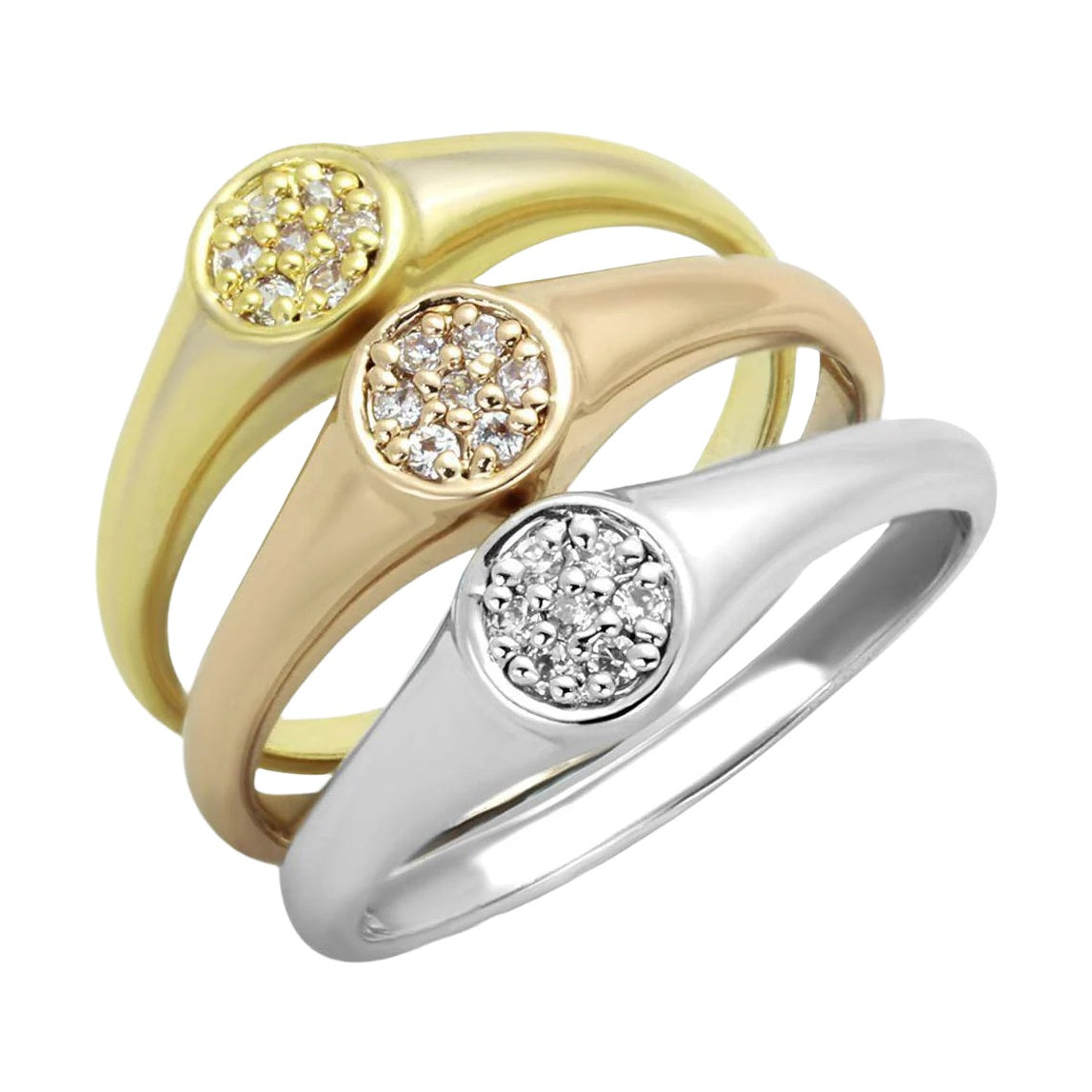 Set of three rhodium gold rose gold rings for women with sparkling gems in modern design