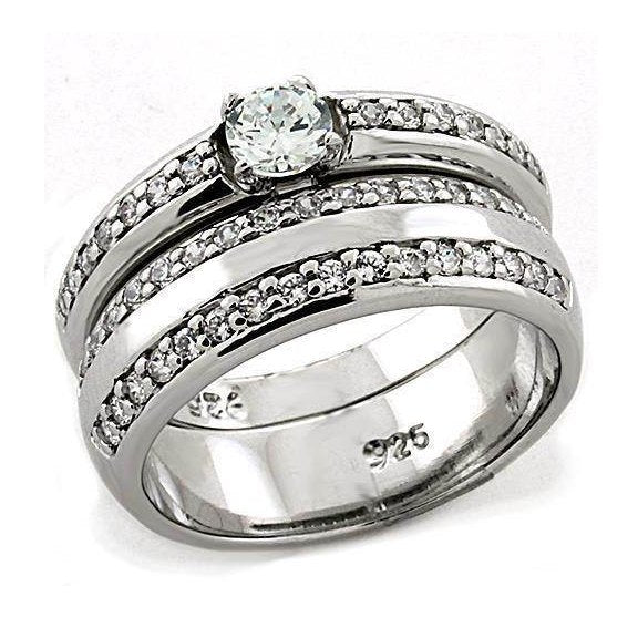 Rhodium plated CZ wedding band with sparkling center stone and intricate detailing for elegant wear