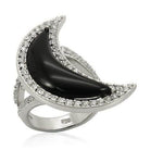 Rhodium plated silver statement ring featuring a black crescent design surrounded by sparkling stones