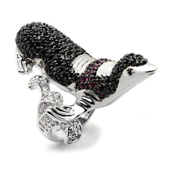 Unique rhodium ruthenium brass ring featuring a sparkling seal design with black and pink stones