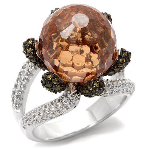 Rhodium statement cocktail ring featuring a large brown faceted stone and stylish band design