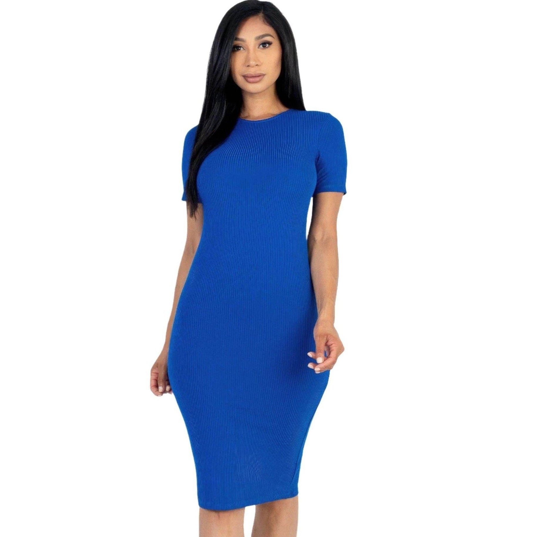 Ribbed Bodycon Midi Dress - Blue - VacationGrabs
