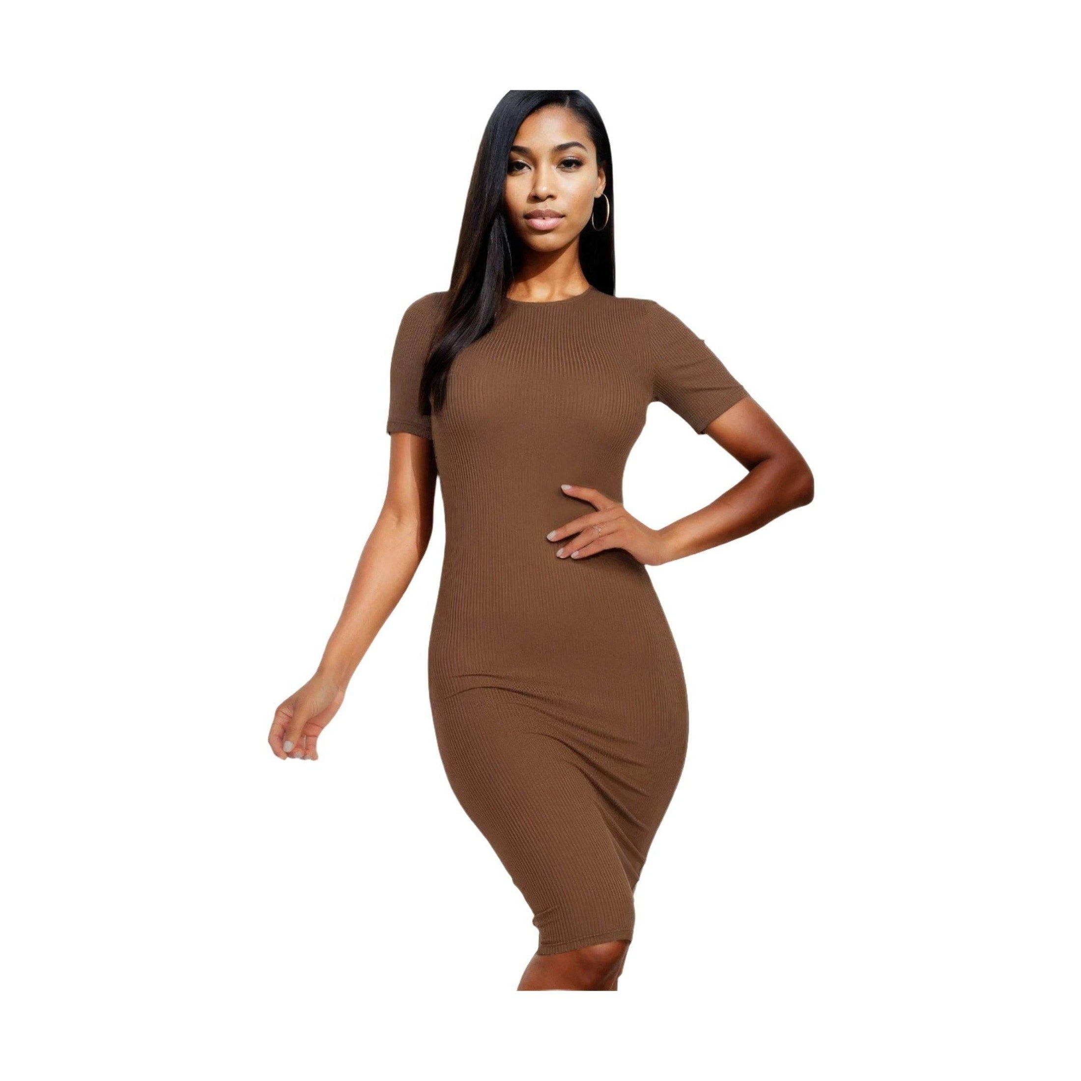 Ribbed Bodycon Midi Dress - Brown - VacationGrabs