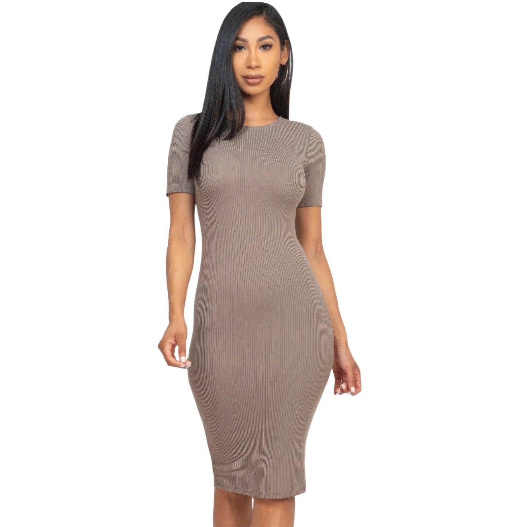 Ribbed Bodycon Midi Dress - Taupe - VacationGrabs