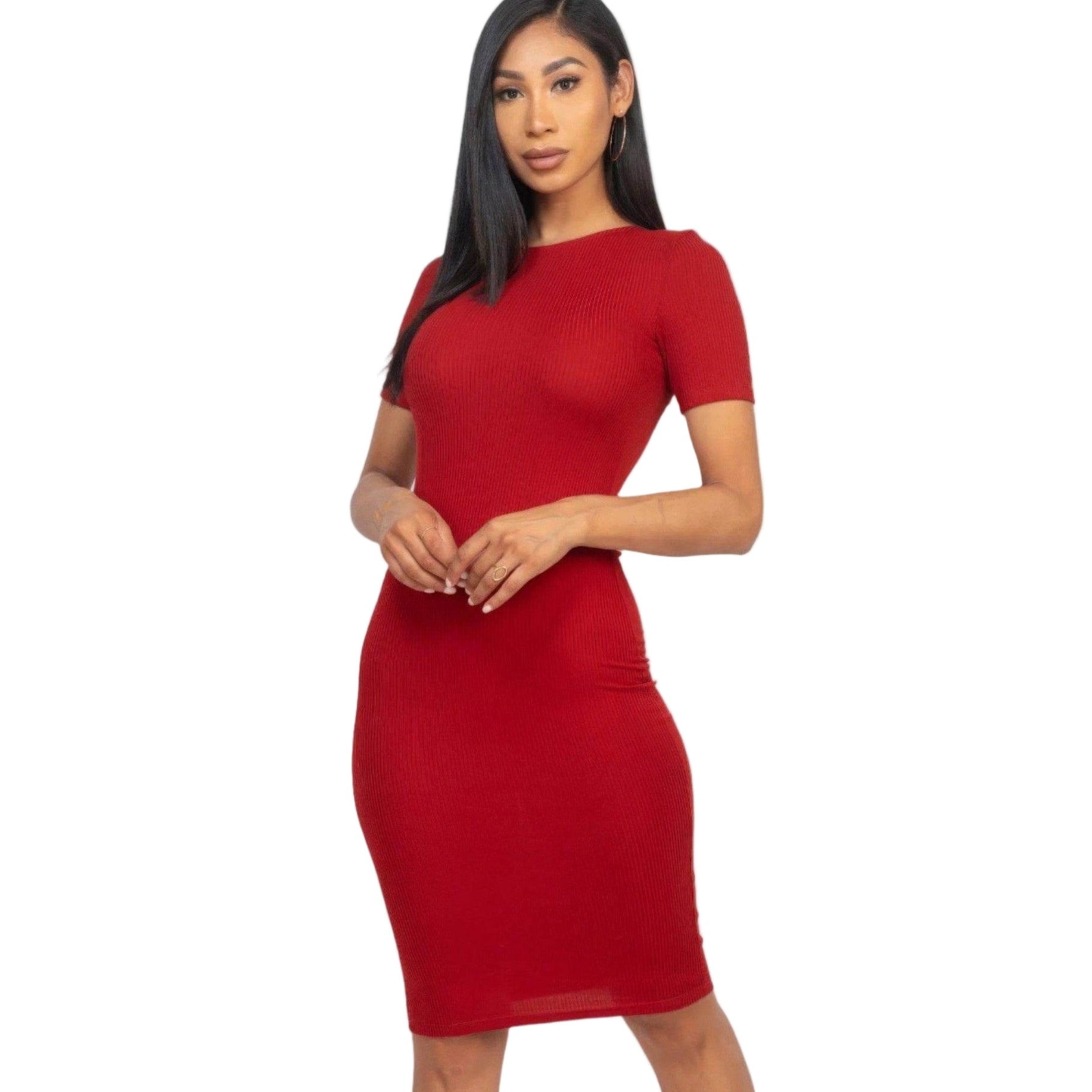Ribbed Bodycon Midi Dress - Wine - VacationGrabs