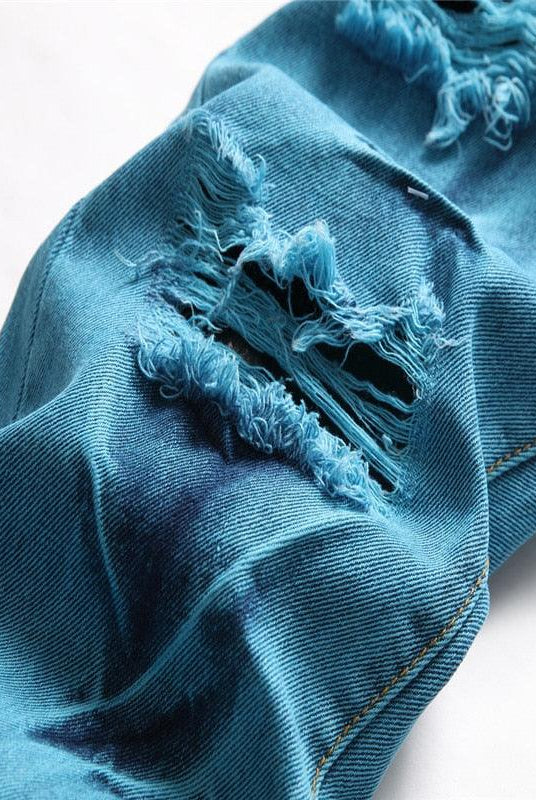 Men's Pants - Jeans Ripped Denim Jeans Distressed Turquoise Blue Streetwear