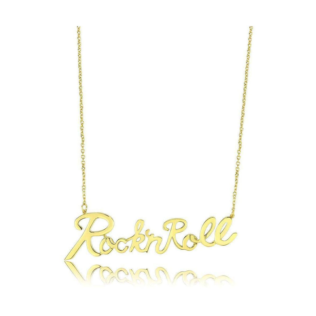 Stylish rock and roll gold necklace with cursive lettering, perfect for music lovers