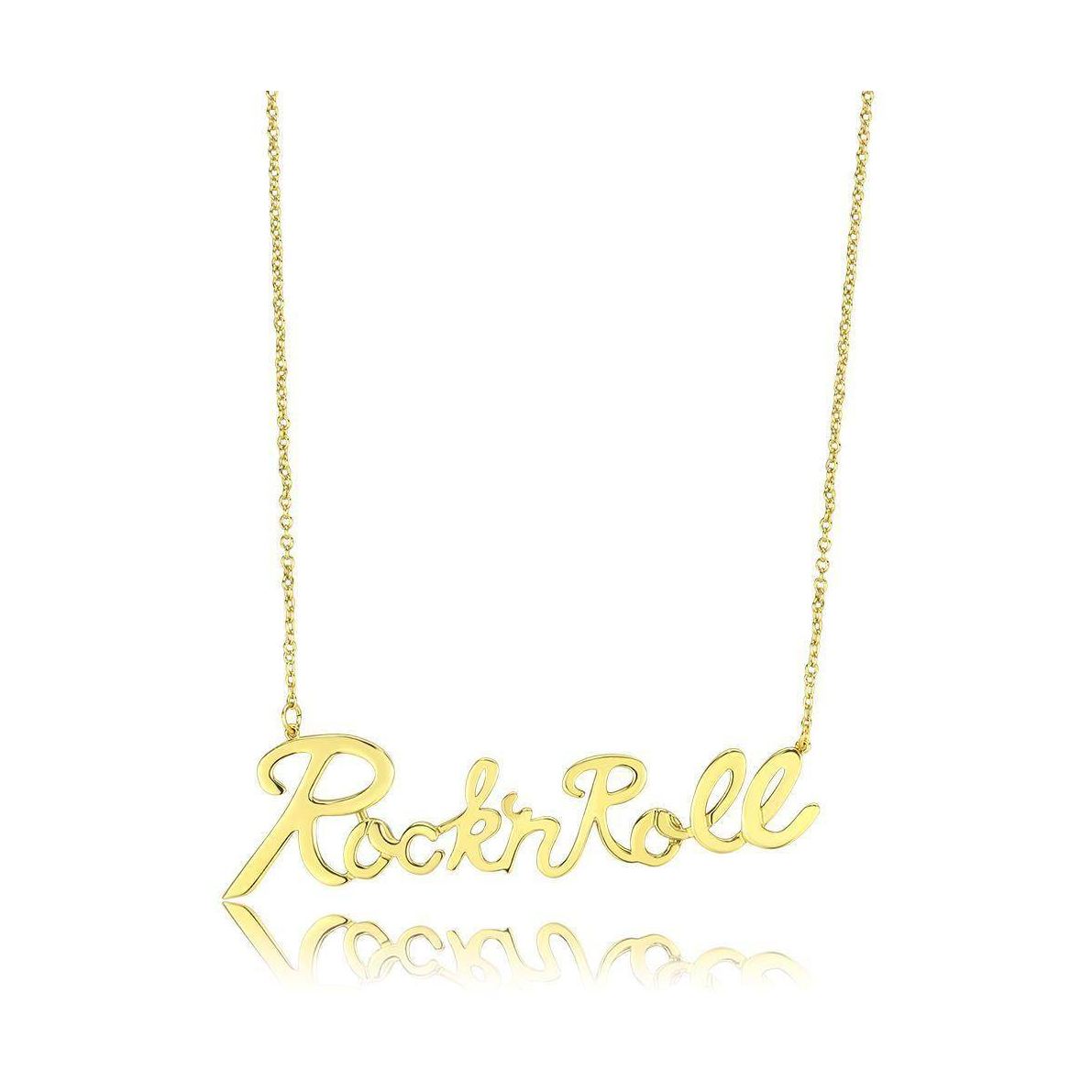 Stylish rock and roll gold necklace with cursive lettering, perfect for music lovers
