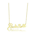 Stylish rock and roll gold necklace with cursive lettering, perfect for music lovers
