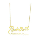 Stylish rock and roll gold necklace with cursive lettering, perfect for music lovers