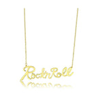 Stylish rock and roll gold necklace with cursive lettering, perfect for music lovers