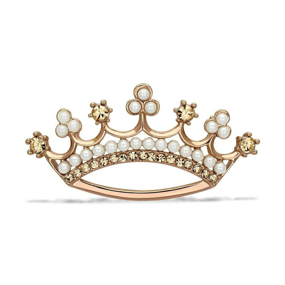 VacationGrabs rose gold crown brooch for women adorned with pearls and sparkling gems