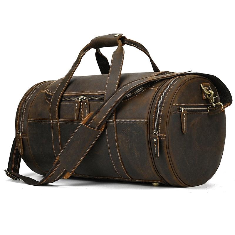 Luggage & Bags - Duffel Round Leather Weekend Duffle Bag Large Capacity Carrying Bag