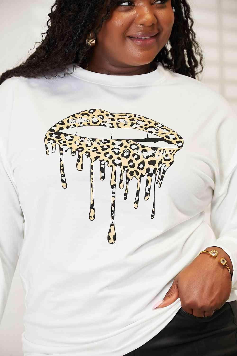 Trendsi round neck casual sweatshirt with leopard print lip graphic for a stylish look