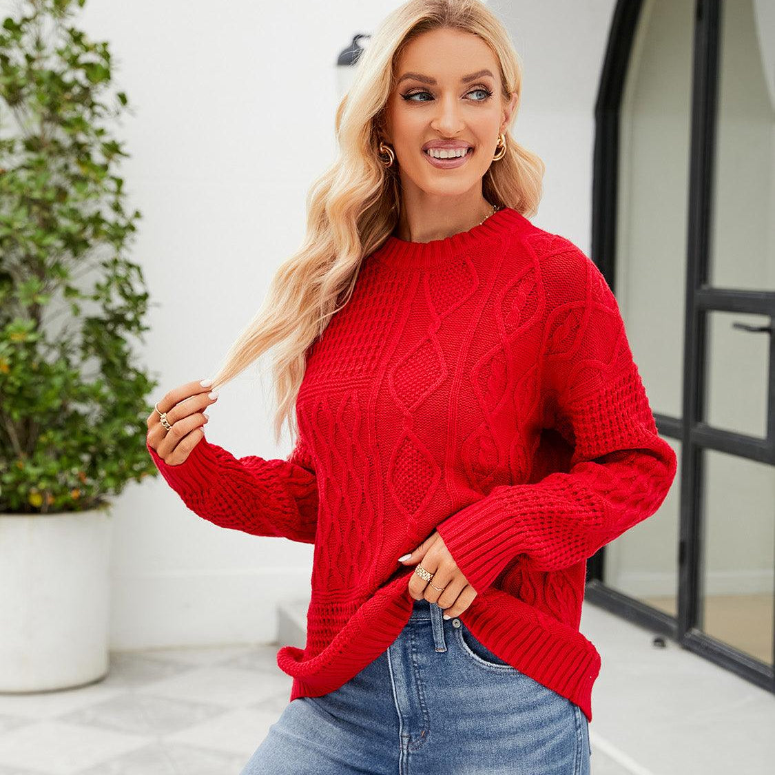 Women's Sweaters Round Neck Dropped Shoulder Sweater