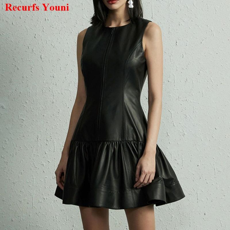 Women's Skirts Round Neck Genuine Leather Dress Black Pink Lambskin Dresses