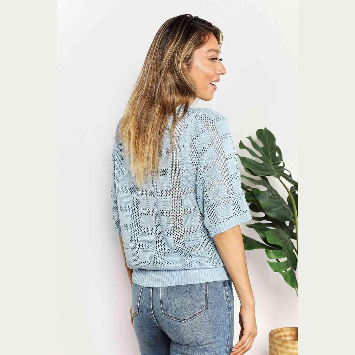 Trendsi Women's Round Neck Knit Top in Light Blue with a Stylish Open Knit Design