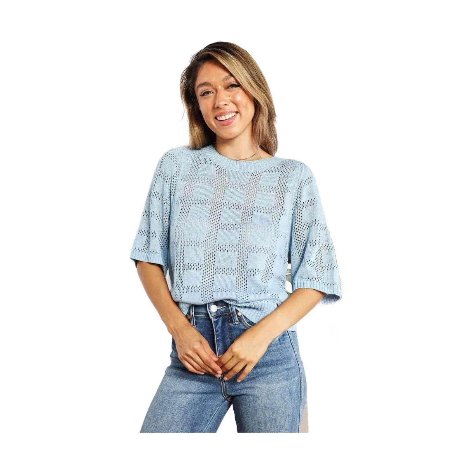 Trendsi Women's Round Neck Knit Top in Light Blue with a Stylish, Comfortable Design