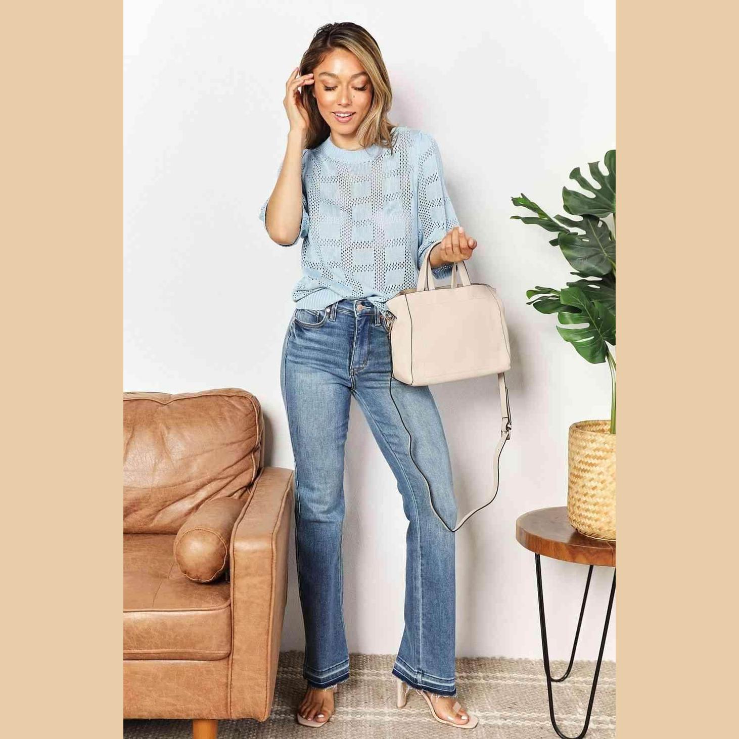 Trendsi Women's Round Neck Knit Top in Light Blue, Perfect for Casual Outings with Flared Jeans
