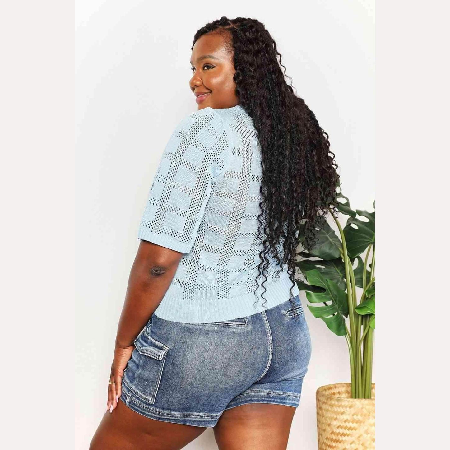 Women's Trendsi round neck knit top in light blue, featuring unique patterns and short sleeves