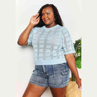 Trendsi Women's Round Neck Knit Top in Light Blue with Short Sleeves and Stylish Pattern