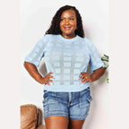 Trendsi Women's round neck knit top in light blue with textured design and short sleeves