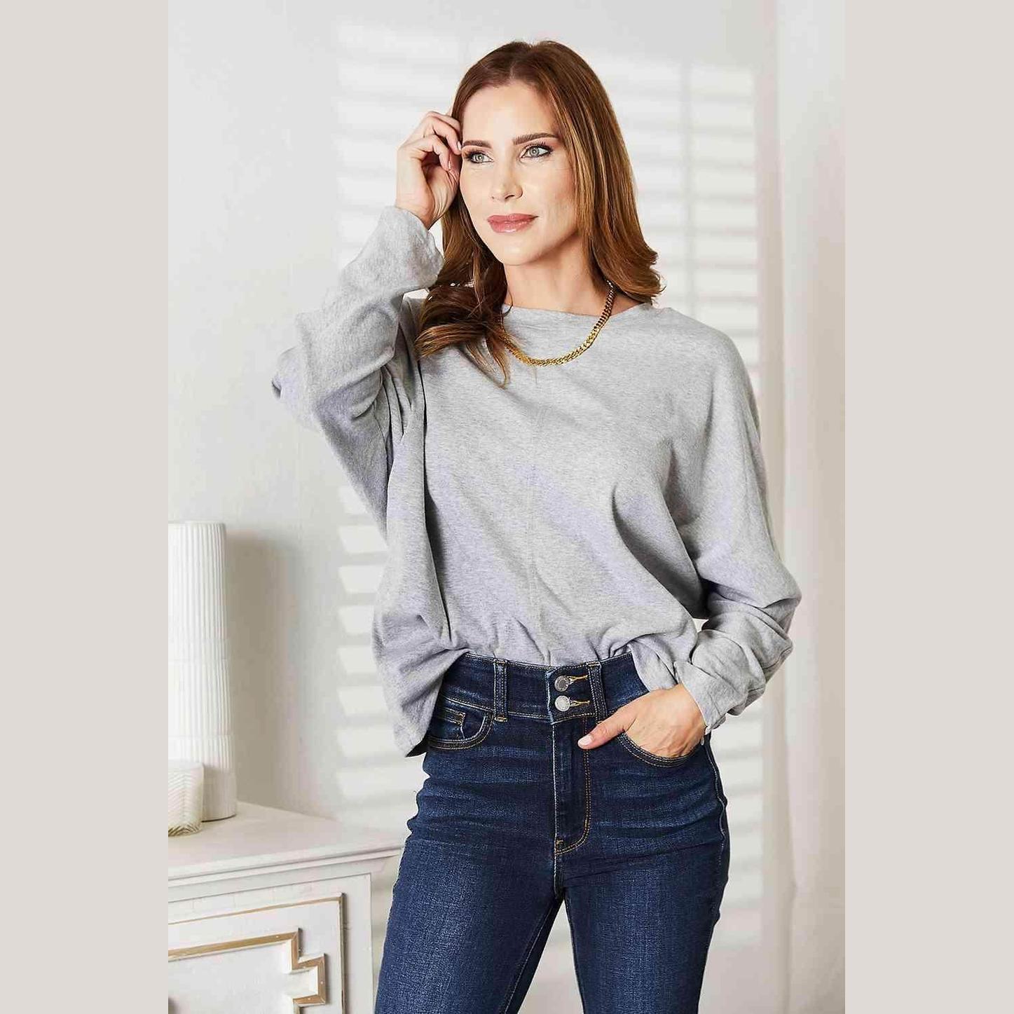 Trendsi Women's Round Neck Long Sleeve Top in Gray Offering Comfort and Style