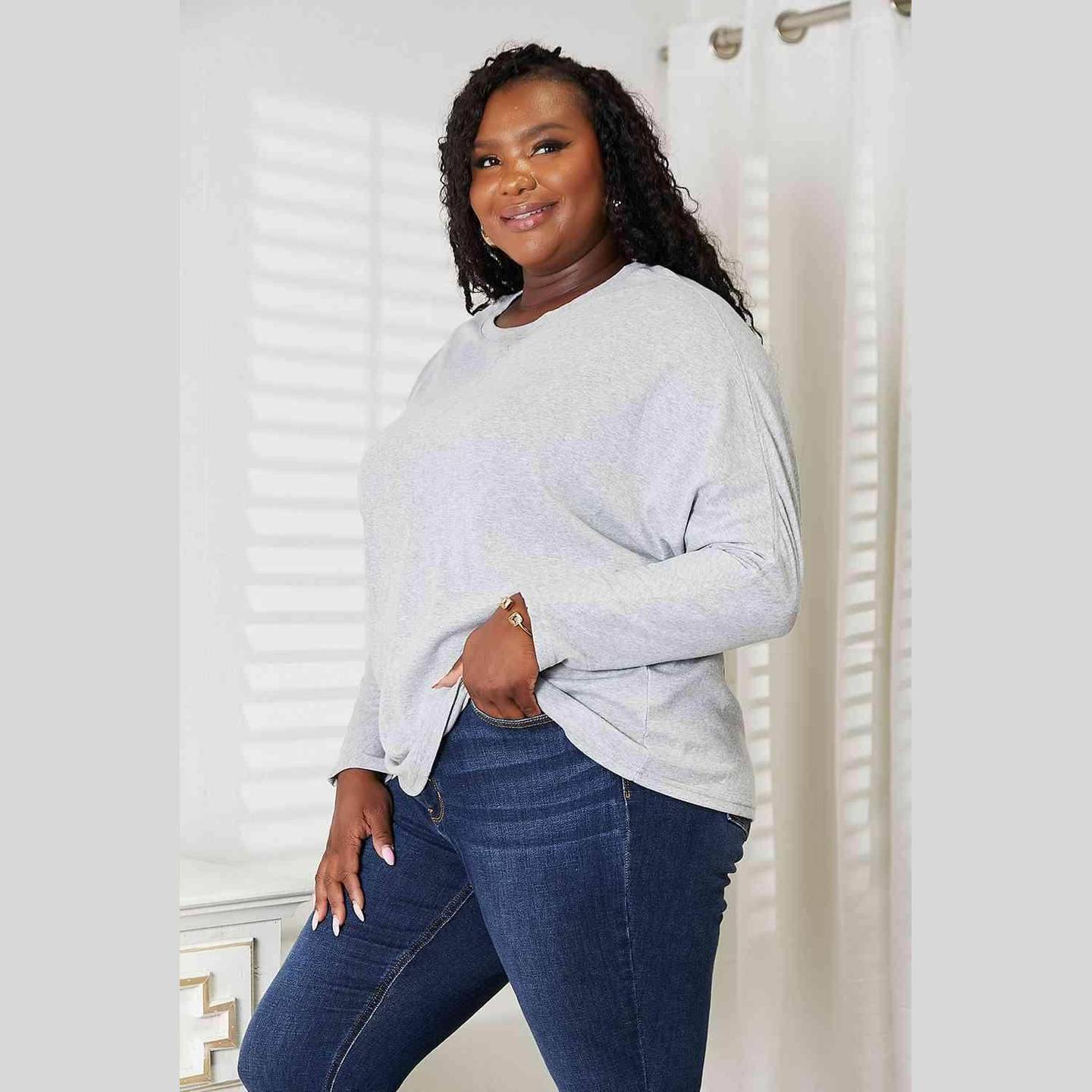 Trendsi Women's Round Neck Long Sleeve Top in Gray, ideal for casual wear and comfort