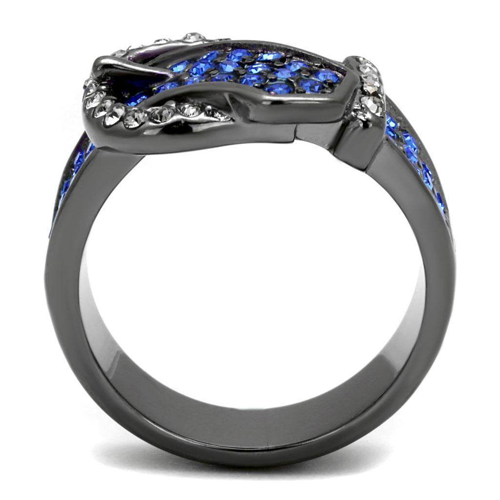 VacationGrabs royal belt style ring with blue and clear stones in a sleek design